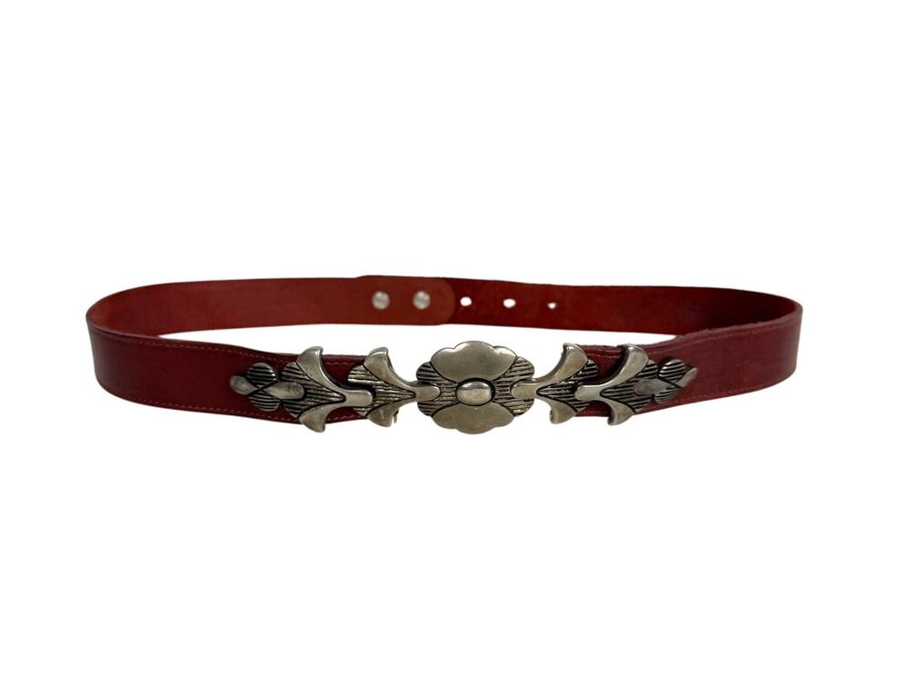 Vintage 80s Italian Leather Belt Silver Floral Concho MOD DEP Boho Western